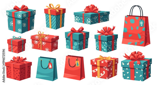 Colorful wrapped presents and shopping bags for holiday gift giving.