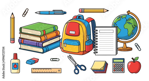 Colorful illustration of school supplies and education tools.