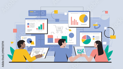 Three people analyzing data on multiple screens with colorful graphs and charts in a modern office setting.