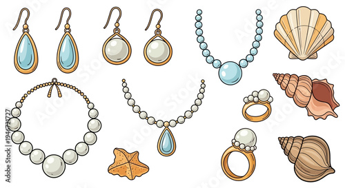Jewelry and seashells with pearls and precious stones.