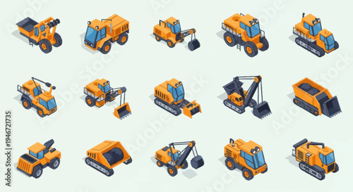 Collection of Isometric Construction Vehicles and Equipment.