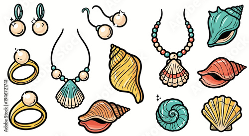Vibrant seashell jewelry collection with pearls and colorful beads.
