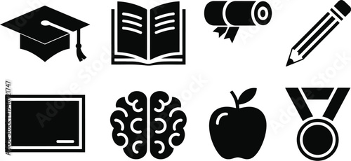 Education icons set including graduation cap open book diploma certificate pencil blackboard brain apple and winner medal for academic school learning.