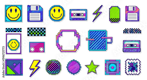 Vintage pixel art icons and symbols in bright colors.