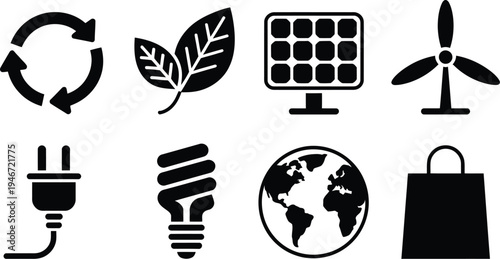 Ecology icons set including recycle arrows green leaves solar panel wind turbine power plug energy bulb earth and shopping bag.