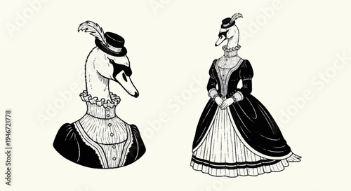 Elegant Swans Dressed in Victorian Attire.