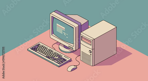 Vintage computer with monitor keyboard and mouse on desk.