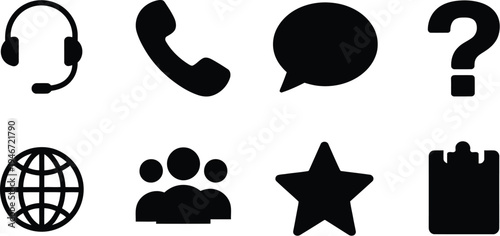 Customer support icons set including headset telephone speech bubble question mark globe earth group of people star and clipboard symbols.