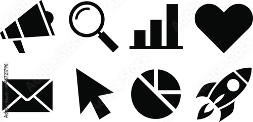 Marketing icons set including megaphone magnifying glass bar chart heart love symbol email envelope mouse cursor pie chart and rocket.
