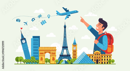 Man pointing at airplane flying over famous landmarks.