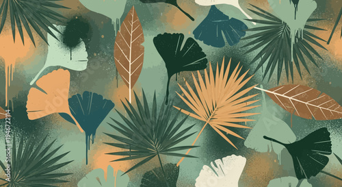 Vibrant tropical leaves in various shades of green and orange.