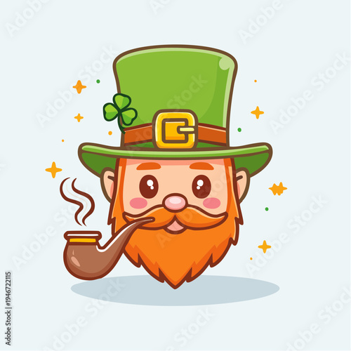 A cheerful cartoon leprechaun wearing a green hat smokes a pipe surrounded by sparkles indoors with a joyful expression.