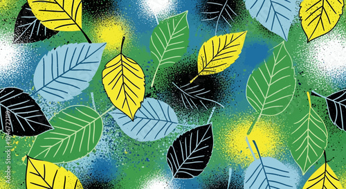 Colorful leaves in various shades of green yellow and blue.