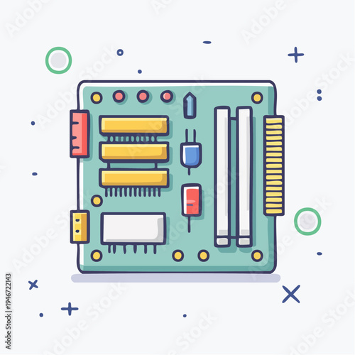 A colorful illustration of a computer circuit board with various components and wires on a white background with green circles and blue plus signs.