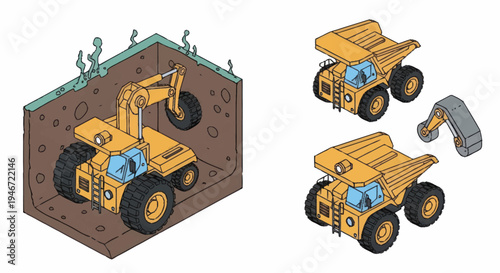 Heavy Construction Equipment Excavator and Dump Trucks.