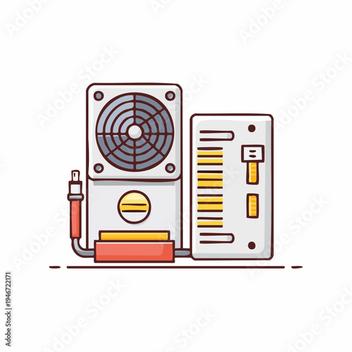 A detailed illustration of a computer cooling system featuring a fan, heat sink, and power supply unit.