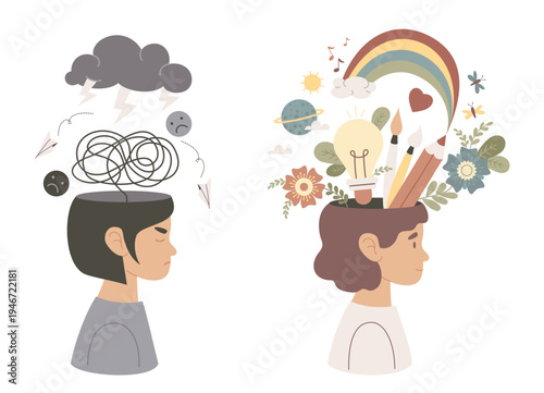 Wellness Health. Two Young Women Mental State Comparison with Creativity and Depression. Creative Mind vs Mental Chaos. Contrast Before and After Therapy.  Vector Flat Illustration