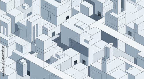 Monochrome 3D cityscape with modern buildings and skyscrapers.