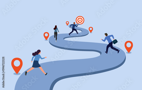 Business competition. Teamwork, Leadership. Business team runs to the goal vector illustration