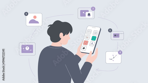 A man using a smartphone with various app icons and graphics surrounding him.