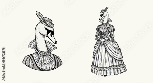 Elegant Swan Couple in Vintage Attire.