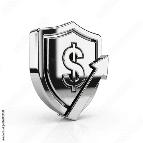 Chrome shield with upward arrow and dollar symbol representing financial security and growth in fintech industry