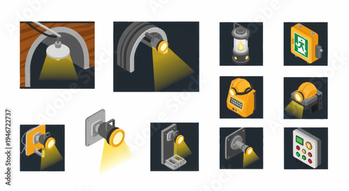 Collection of diverse lighting fixtures and spotlights in isometric view.