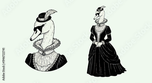 Elegant Swan and Woman in Vintage Attire.