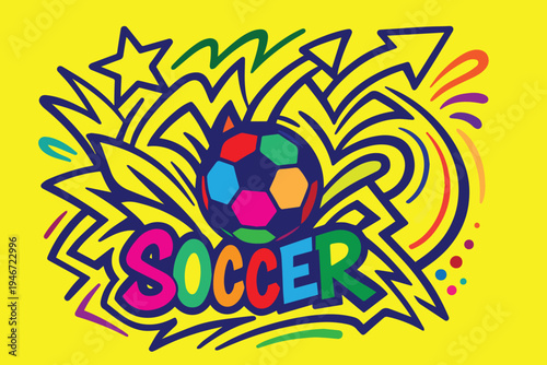 Colorful graffiti vector art of a football surrounded by energetic doodles, arrows, and abstract lines, expressing motion, creativity, freedom, and bold street style.