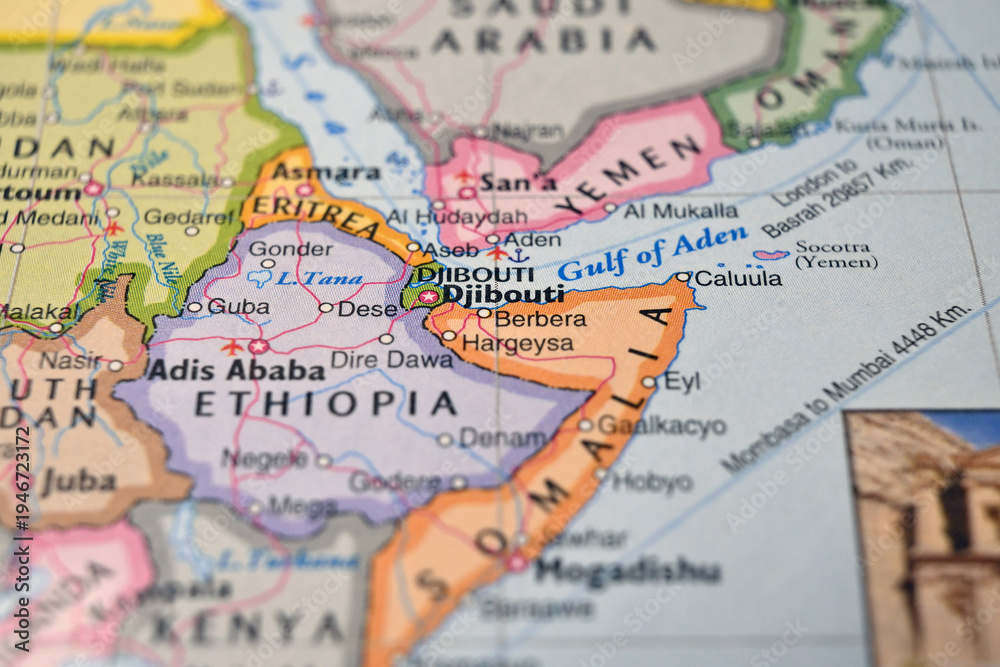 Naklejka premium Berbera Somalia on World Map Close Up Macro Defocused Background