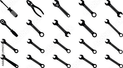 Hand tools icons collection with wrench pliers screwdriver and ratchet mechanic equipment silhouettes flat vector illustration set