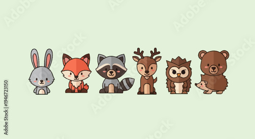 Cute Cartoon Forest Animals Collection Vector Illustration.