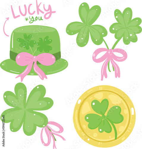 St. Patrick's Day themed elements arranged with a hat, clover leaves, and a coin, all with an illustration style
