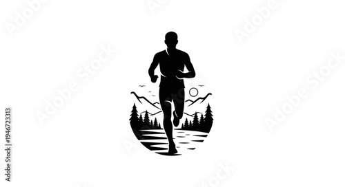 Silhouette of a runner in a scenic mountain landscape.