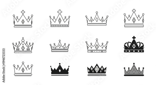 Collection of Hand Drawn Crown Icons in Black and White.