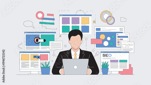 A businessman working on laptop surrounded by SEO and web design elements