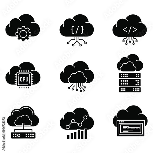 Cloud computing silhouette icons set for technology and internet