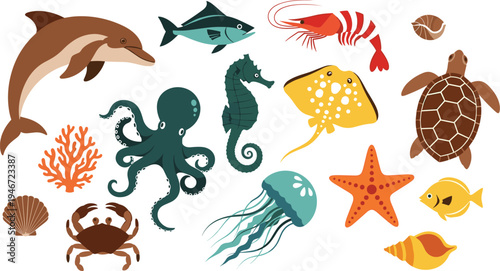 Sea animals collection with dolphin octopus turtle fish jellyfish crab starfish marine life flat vector illustration set
