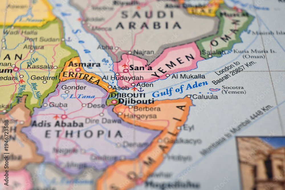 Naklejka premium Aden Yemen on World Map Close Up Macro Defocused Background Geographic Image