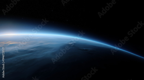 Orbital view of blue planet curvature with faint clouds and black space Realistic view of a blue planet from orbit, showing gentle curvature, soft atmospheric limb light, subtle cl