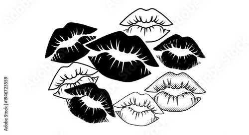 Collection of black and white kissing lips illustrations.