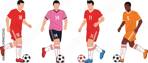 Soccer players dribbling ball collection football athletes running with ball sport action flat vector illustration set