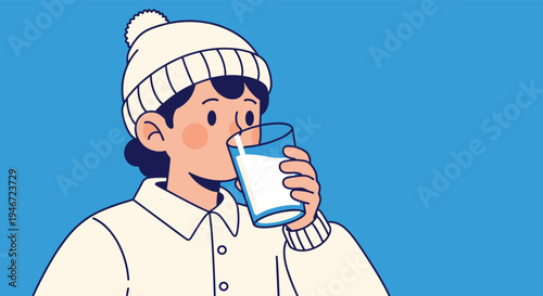 Young Person Drinking Milk in Winter Warm Clothes Illustration