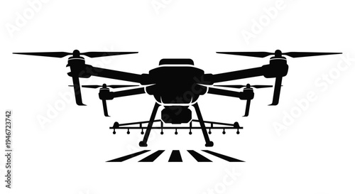 Black silhouette of a modern agricultural drone with landing gear extended