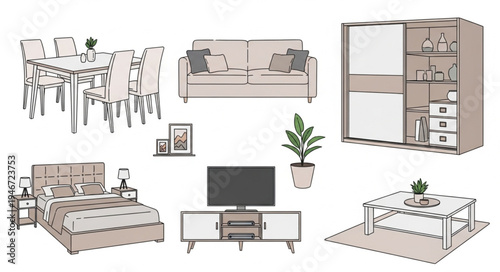 Collection of modern furniture for home interior design.