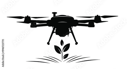 A black silhouette of a drone hovering over stylized green plant life