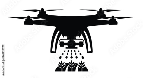 Drone spraying crops a black silhouette depicts aerial agriculture and plant care