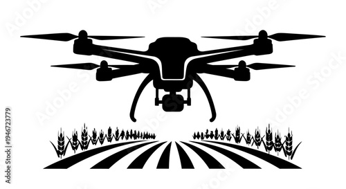 Black silhouette of a drone flying over a wheat field simple graphic design