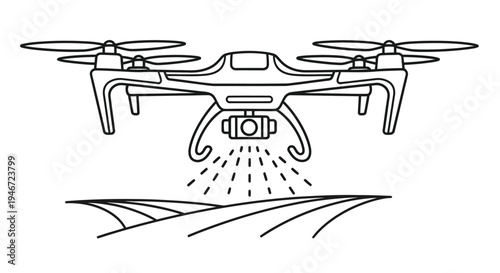 Line art illustration of a drone with a camera hovering over terrain