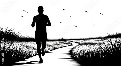 Silhouette of a man running on a path through a field.